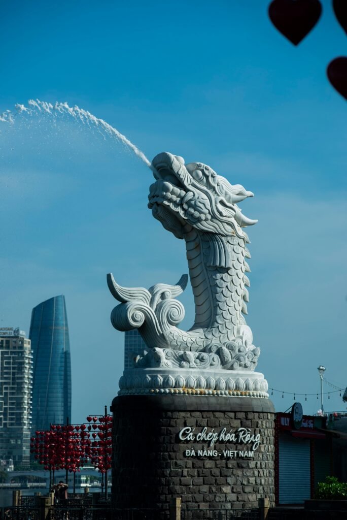 Iconic Dragon Carp fountain in Da Nang, symbolizing prosperity and strength.